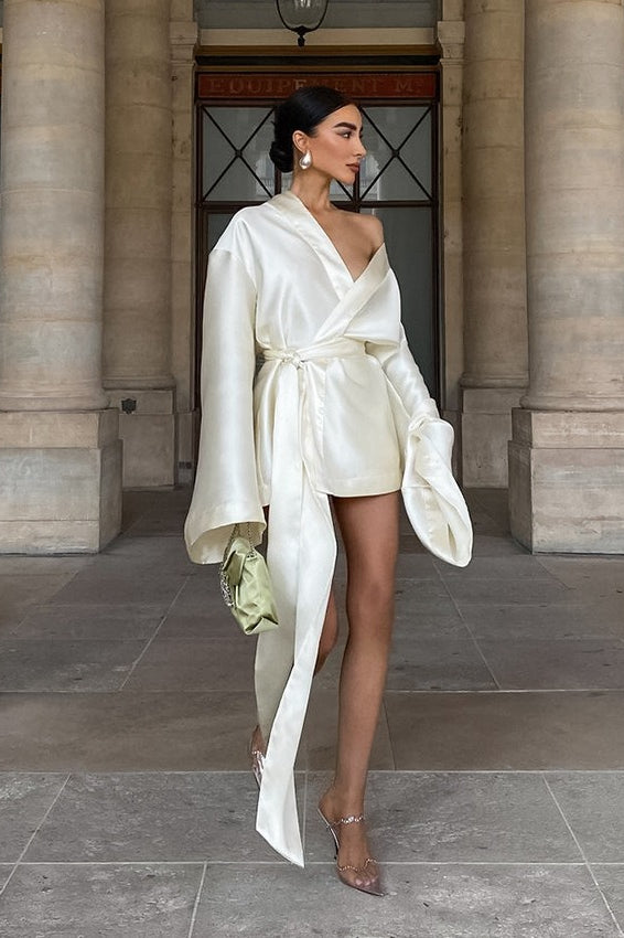 Sexy Loose Tie-Waist Long-Sleeve Satin Mini Silk Dress