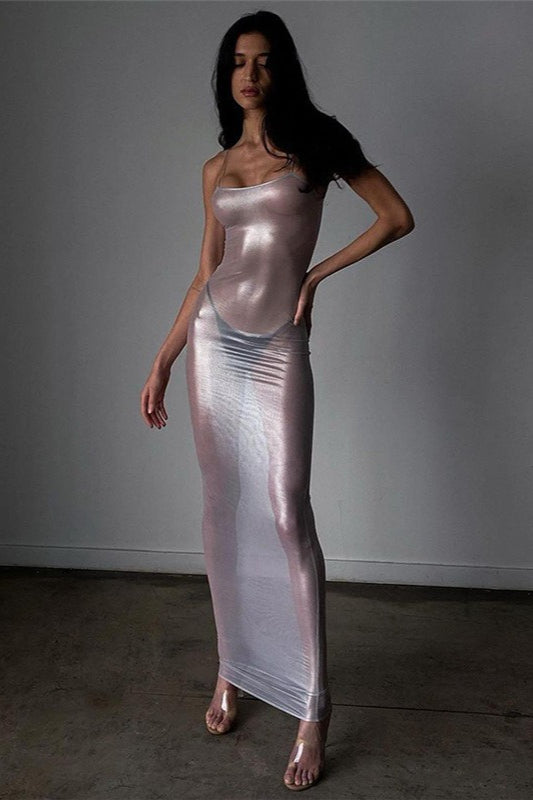 Sheer Metallic Slip Dress