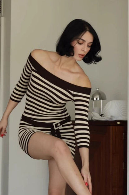 Striped Off-Shoulder Knit Bodycon Mini Sweater Dress