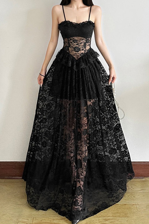 Sleeveless Ruffled Waist Maxi Lace Dress