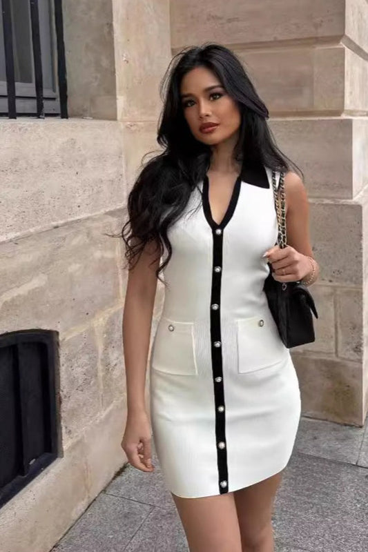 Casual Lapel Knit Waist-Cinched Slim Mini Sweater Dress