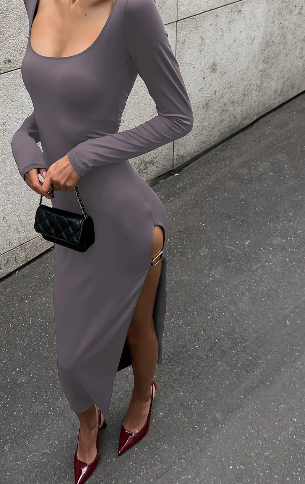 Slit Button Long Sleeve Midi Dress