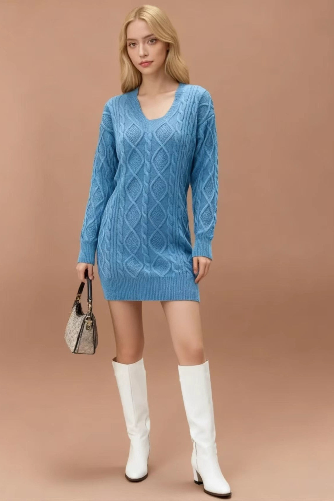 V Neck Cable Knit Work Dress