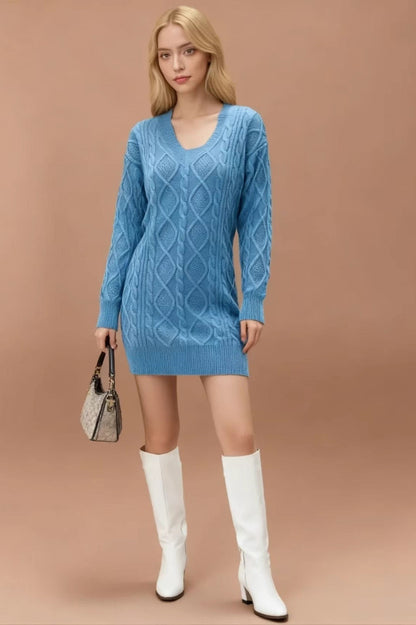 V Neck Cable Knit Work Dress