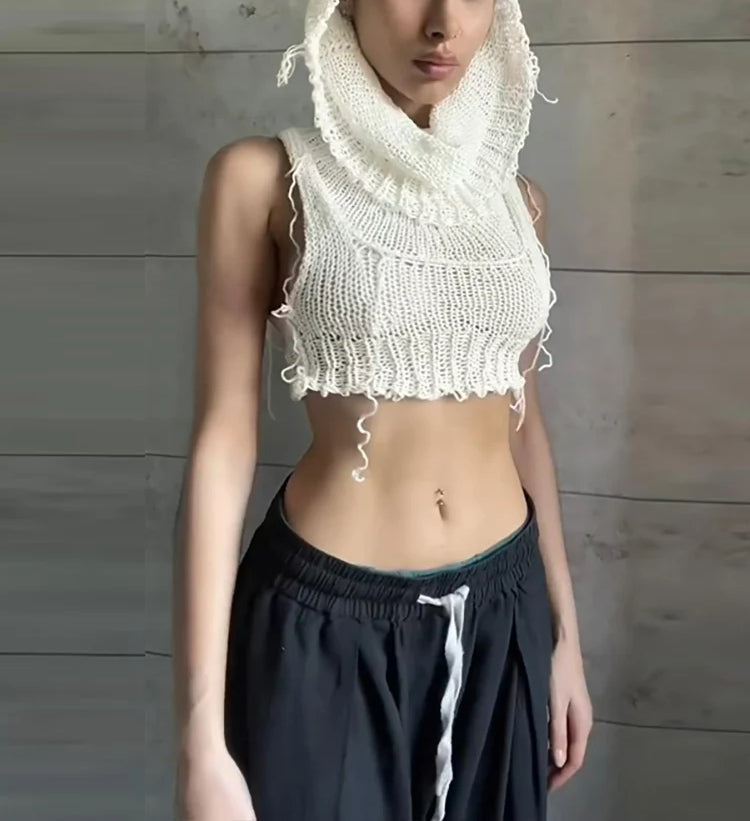 Knit Hooded Solid Crochet Sleeveless Cami Top