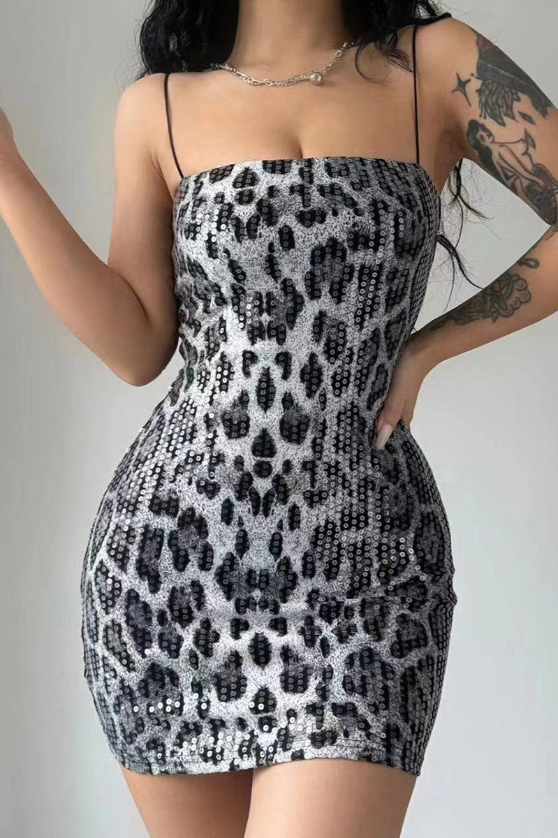Sexy Leopard Print Sequin Sling Cocktail Dress
