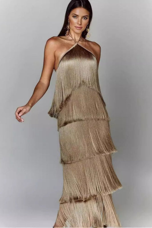 Chic Halter Fringe Backless Slit Cocktail Dress