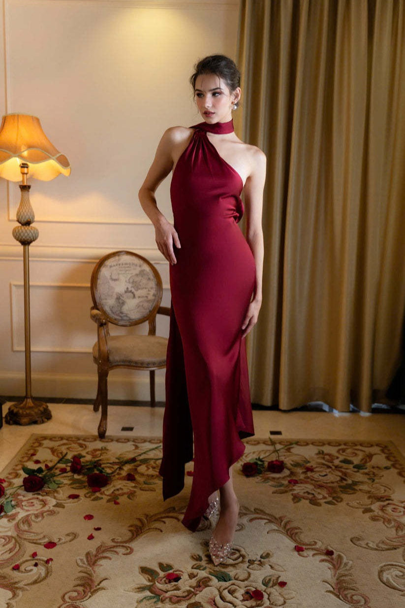 Satin Halter Low-Back Party Dress