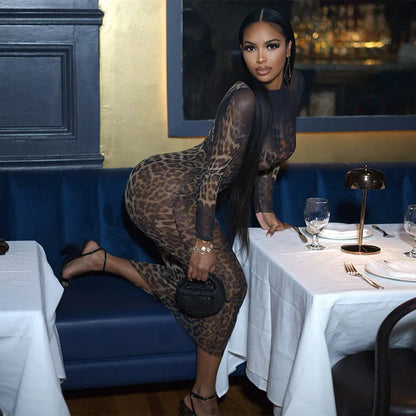 Mesh Leopard See Through Midi Dress