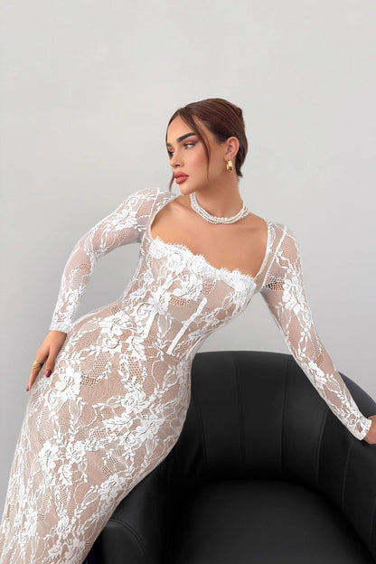 Elegant Square Neck Long Sleeve Lace Dress