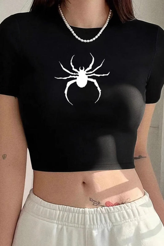 Gothic Spider Print Cropped T-Shirt
