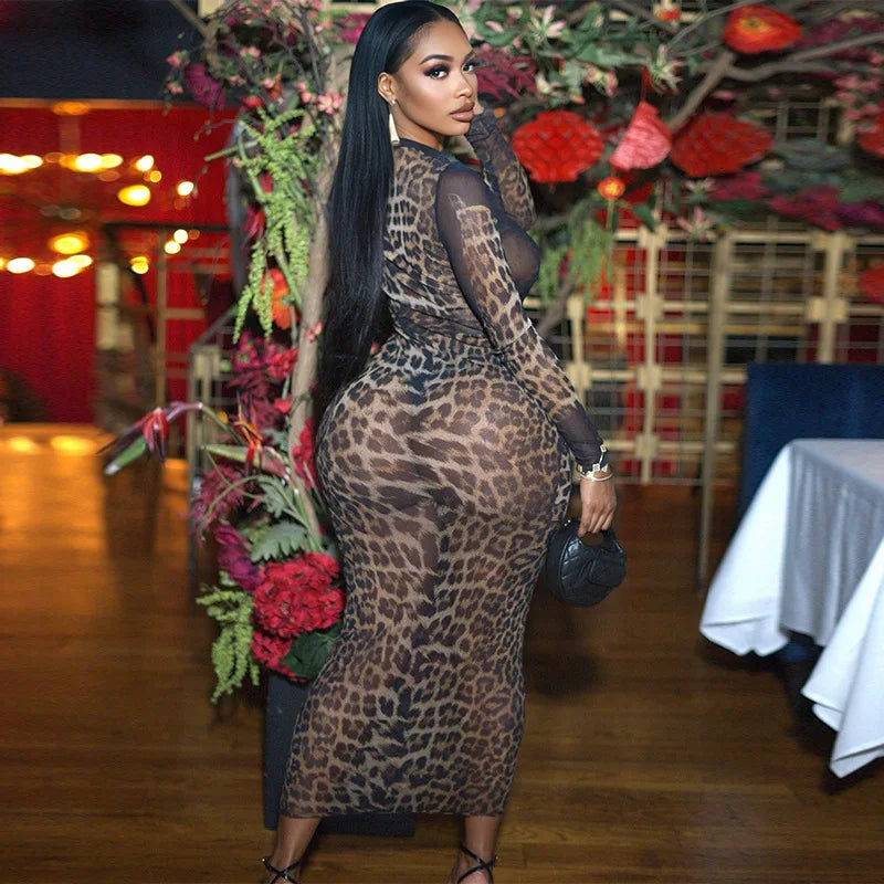 Mesh Leopard See Through Midi Dress