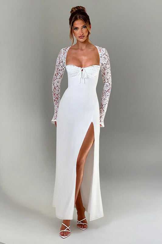 Plunge Neckline Lace Slit Party Dress