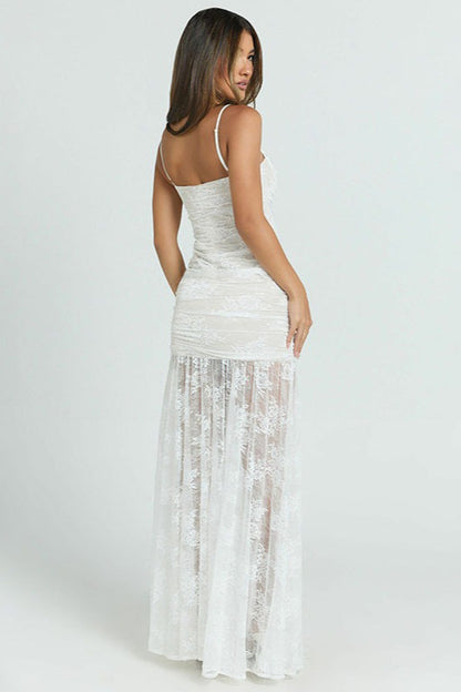 Sheer Ruched Split Cami Maxi Lace Dress