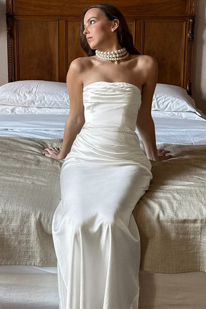 Solid Satin Ruched Slim Strapless Formal Dress