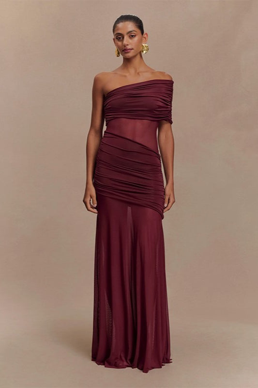 Tulle Paneled Strapless Ruched Sheer Formal Dress