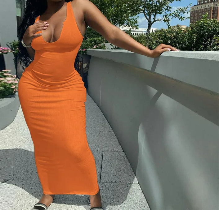 Ribbed Stripe Sleeveless V-neck Midi Dress