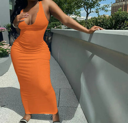 Ribbed Stripe Sleeveless V-neck Midi Dress