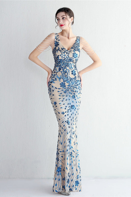 Elegant Long Slim Sequin Formal Event Sequin Dress