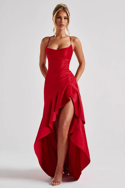Satin Spaghetti Strap Backless Tie Elegant Sexy Formal Dress