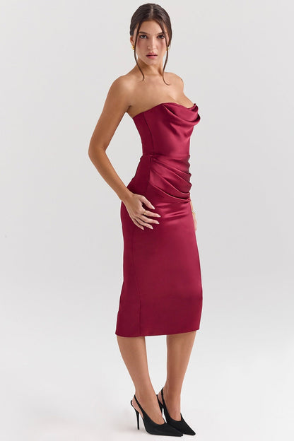 Sexy Satin Off Shoulder Ruched Waist Bodycon Cocktail Dress