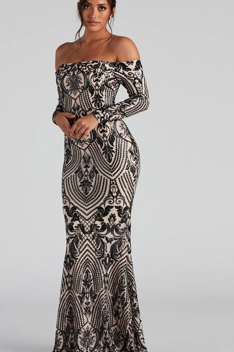 Sexy Boat Neck European Trendy Formal Evening Maxi Sequin Dress