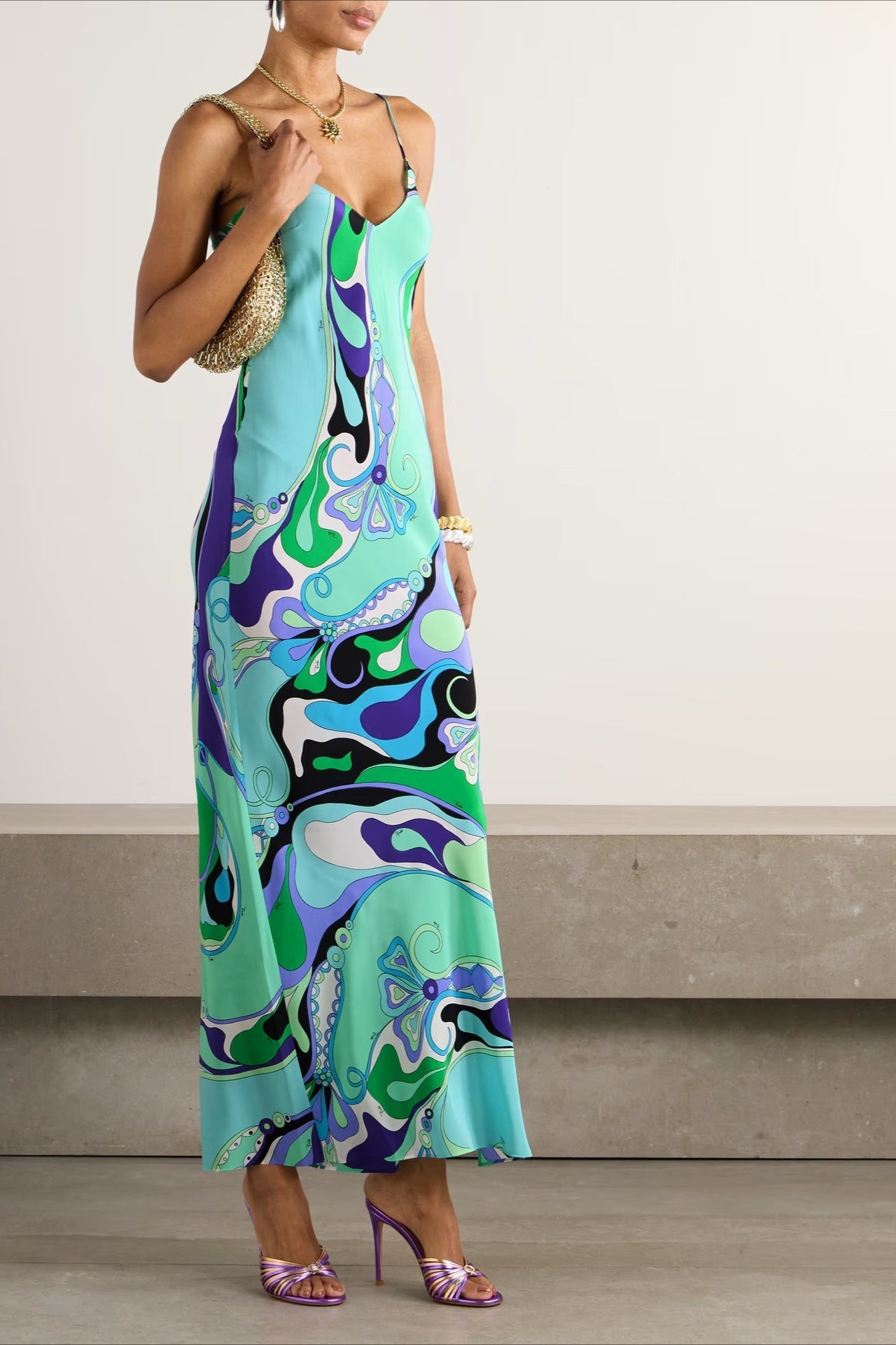 Sexy Printed Satin Cami Slit Silk Dress