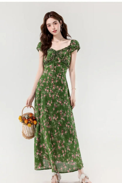 Retro Slim Green V-Neck Floral Dress
