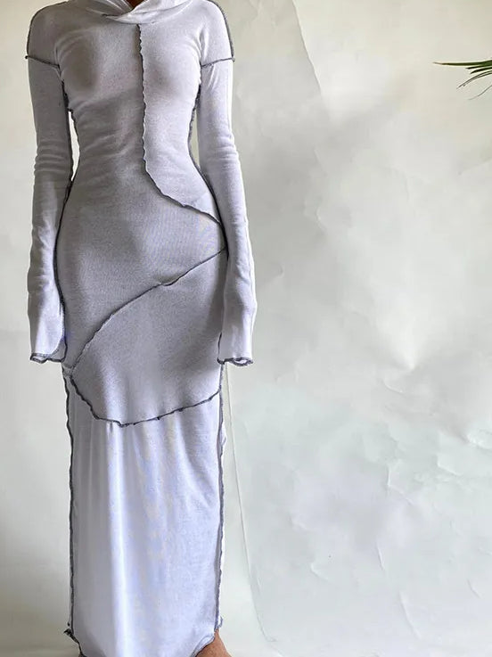 Patchwork Hoodie Slit Midi Dress