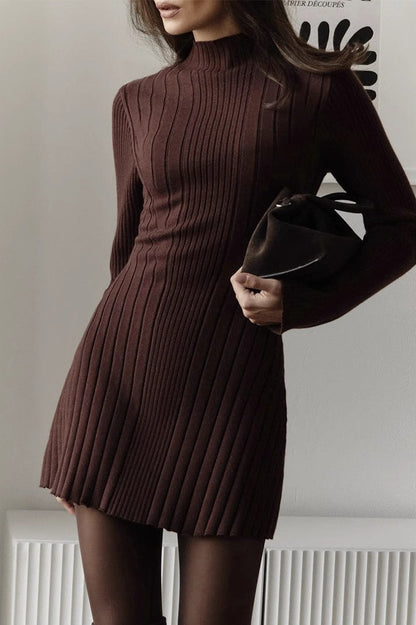 Elegant Playful Mock Neck Long Sleeve A-Line Mini Knit Sweater Dress