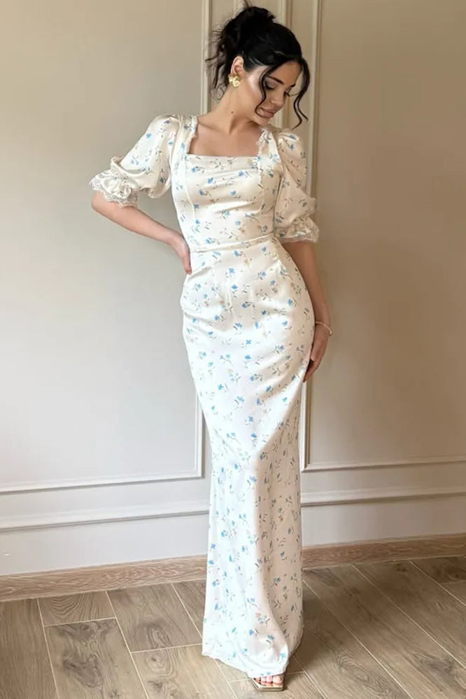 Satin Puff Sleeve Floral Dress