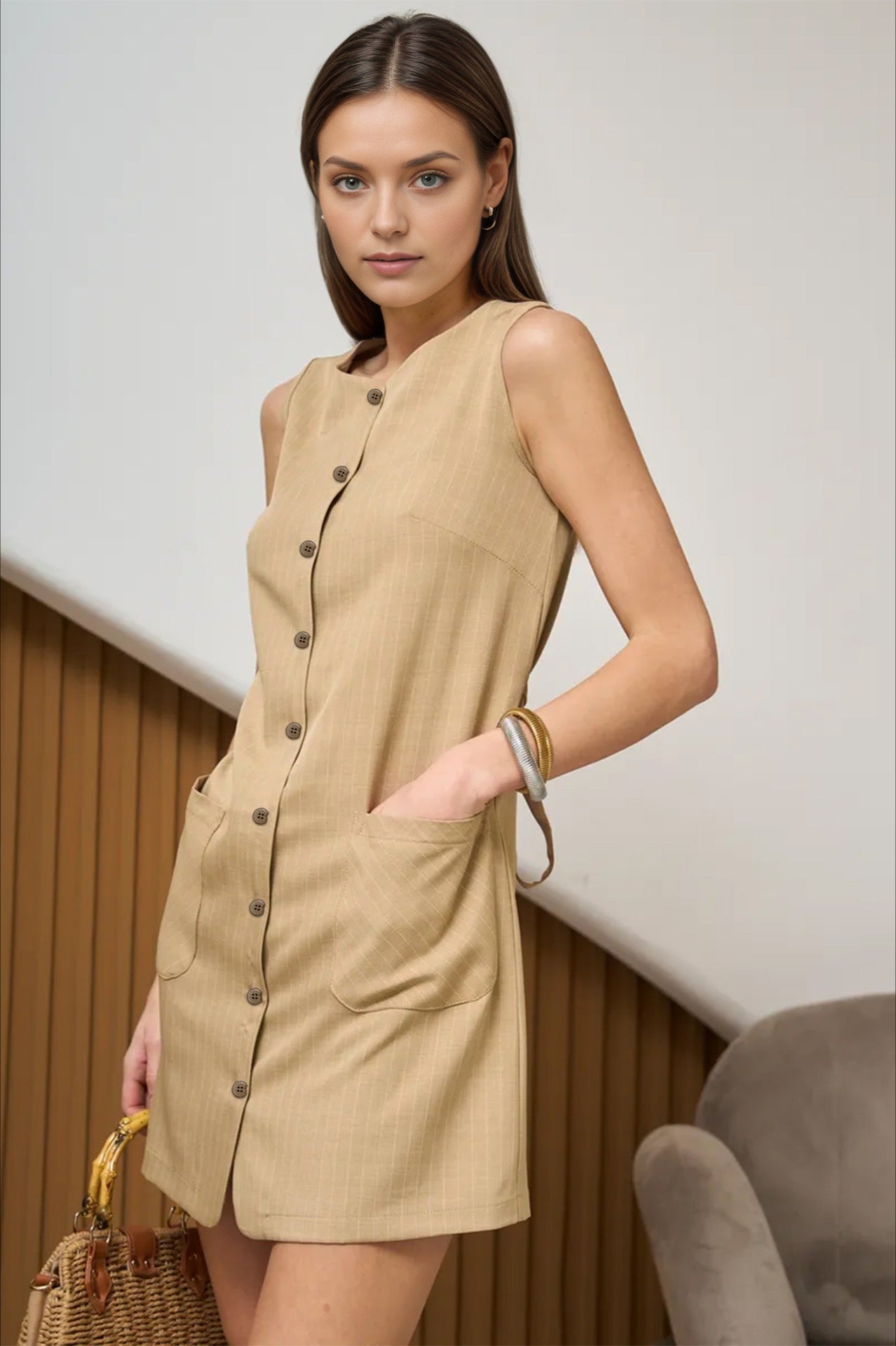 Sleeveless Button Front Tie Work Dress