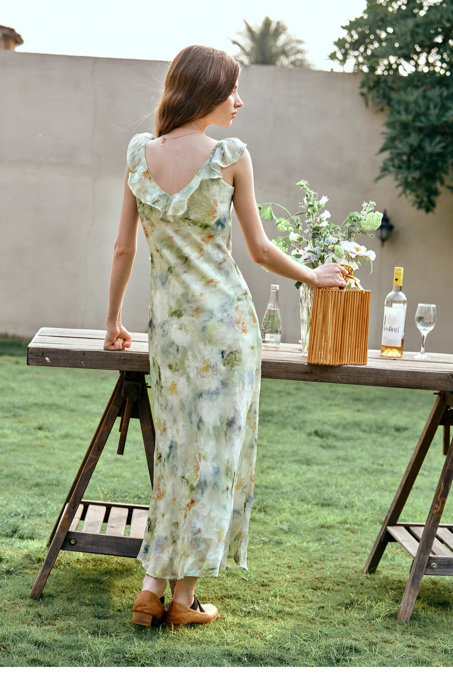 Leaf Edge V-neck Ruffle Vacation Floral Dress