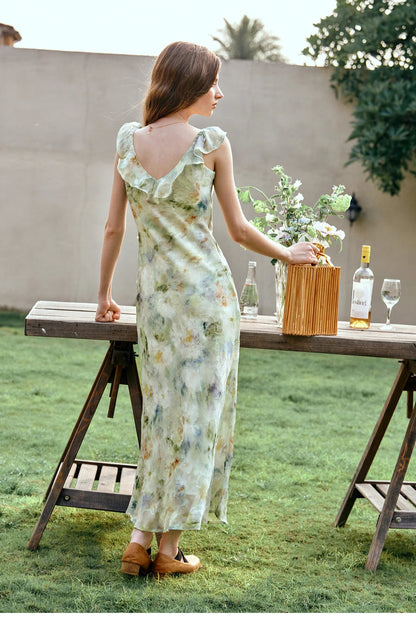 Leaf Edge V-neck Ruffle Vacation Floral Dress