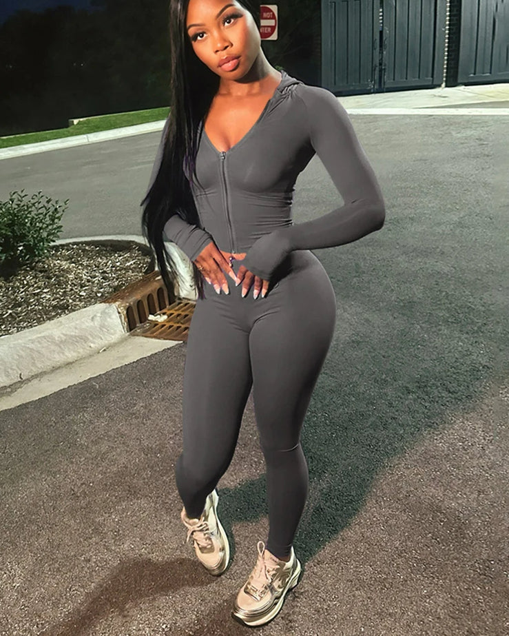 Sporty Zip Hooded Two Piece Pants Set