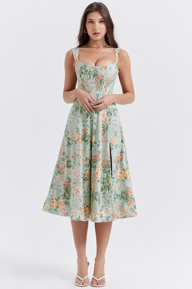 Floral Boned Spaghetti Strap Party Dress