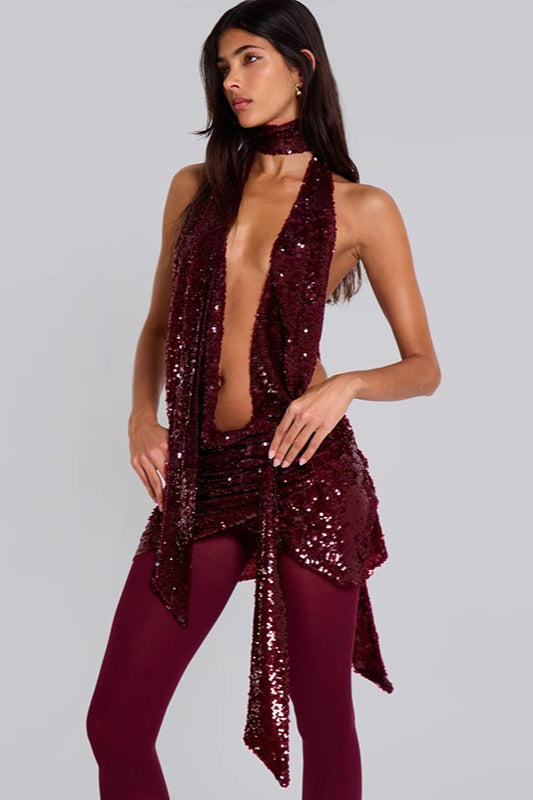 Sequin Halter Deep V Backless Sexy Bodycon Sequin Dress