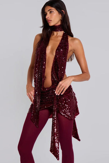 Sequin Halter Deep V Backless Sexy Bodycon Sequin Dress