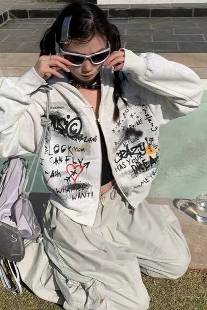 Gray Graffiti Hooded Zip-Up Cropped Hoodie