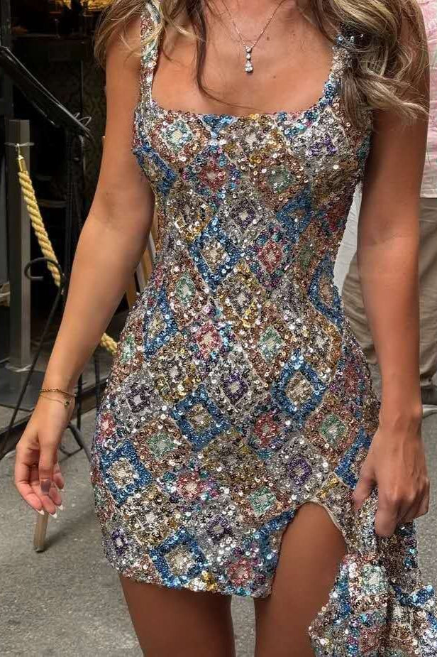 Chic Colorful Rhombus-Pattern Sequin Split Bodycon Sequin Dress