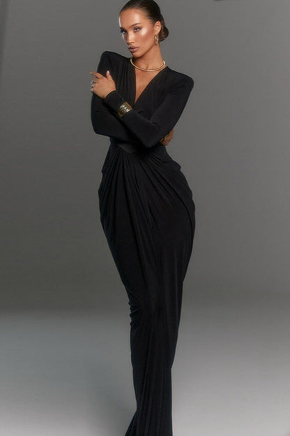 Sexy Deep V Padded Shoulder Long Sleeve High Slit Long Formal Dress