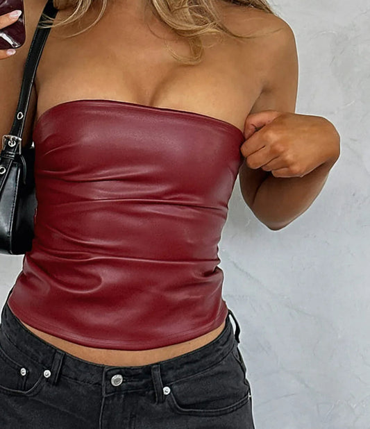 Pu Leather Zip Up Slim Crop Strapless