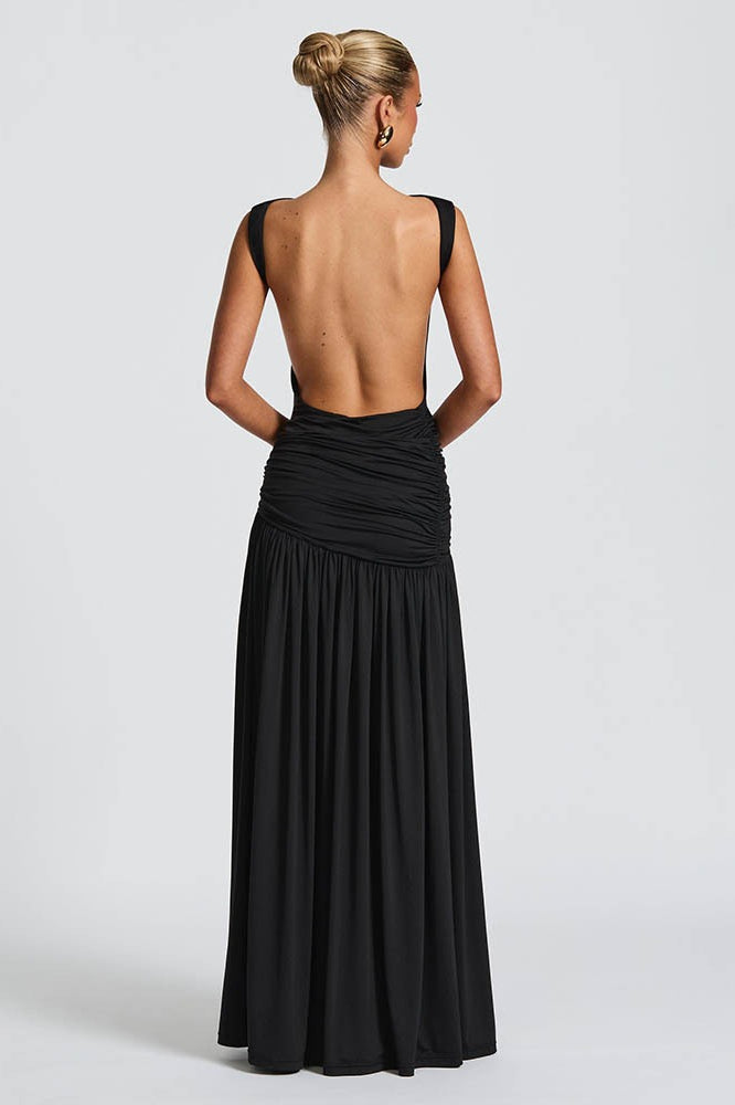 Sexy Solid Sleeveless Backless Ruched Waist Slit Formal Dress