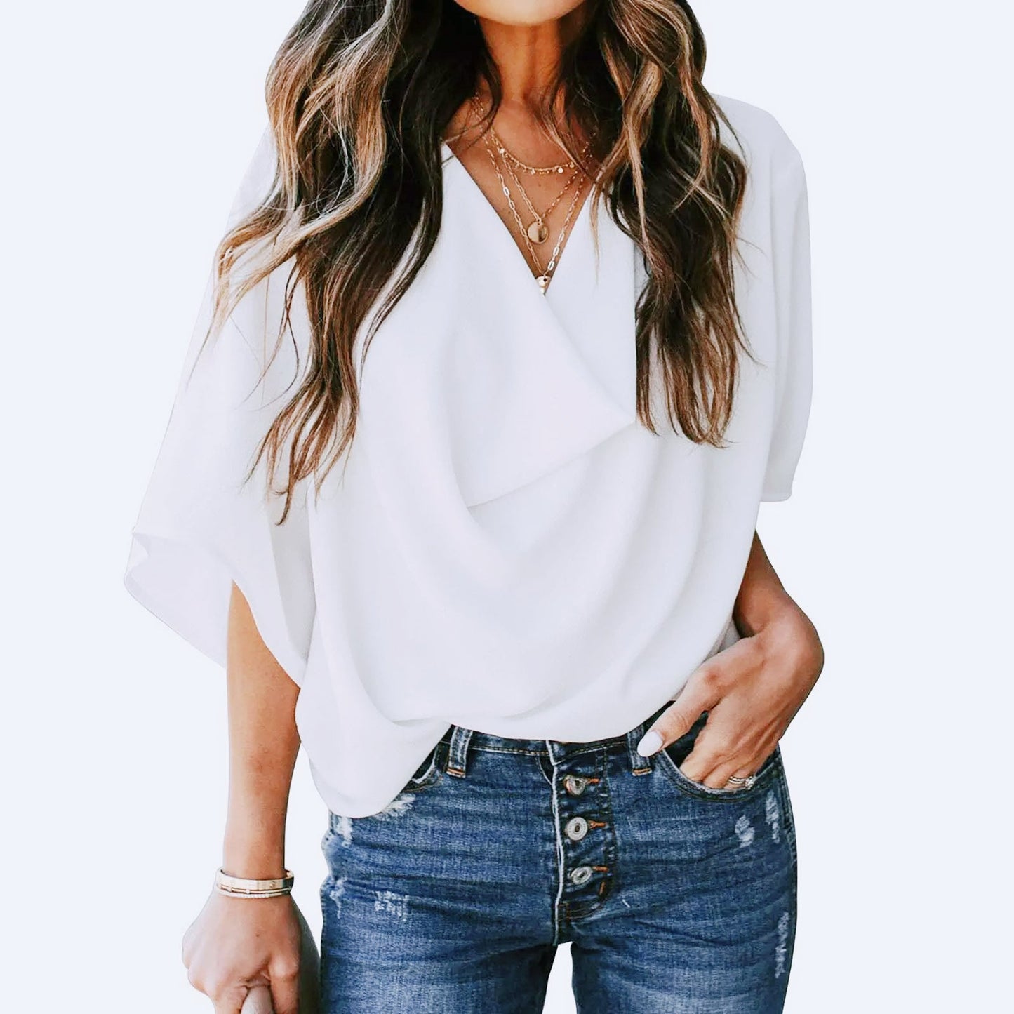 Women's Chiffon V-neck Loose Casual Mid Sleeve Blouse