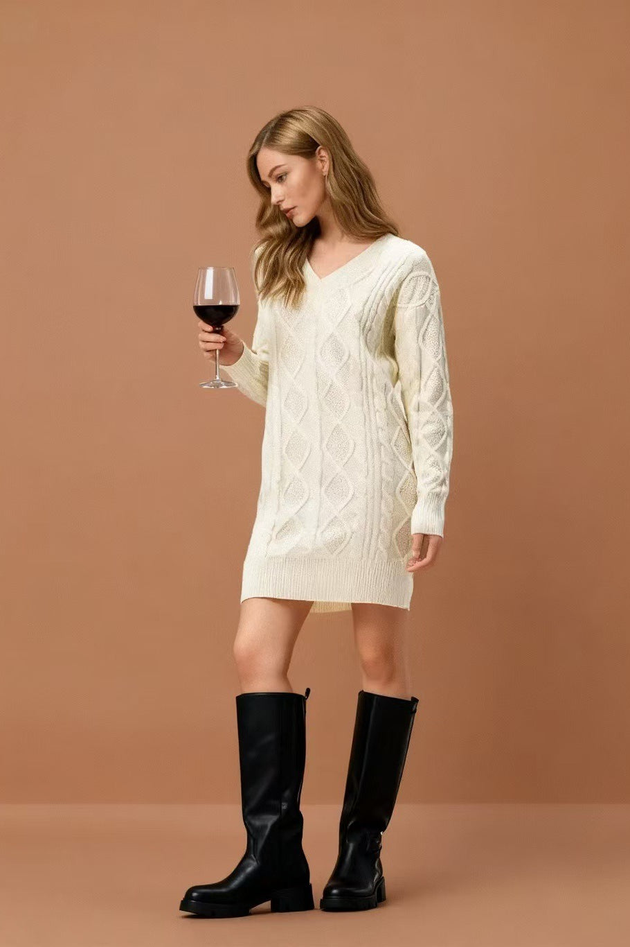V Neck Cable Knit Work Dress