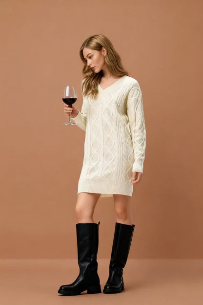 V Neck Cable Knit Work Dress