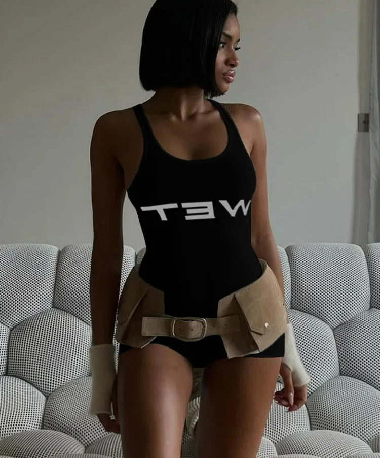 Letter Print Sleeveless Stretch Romper