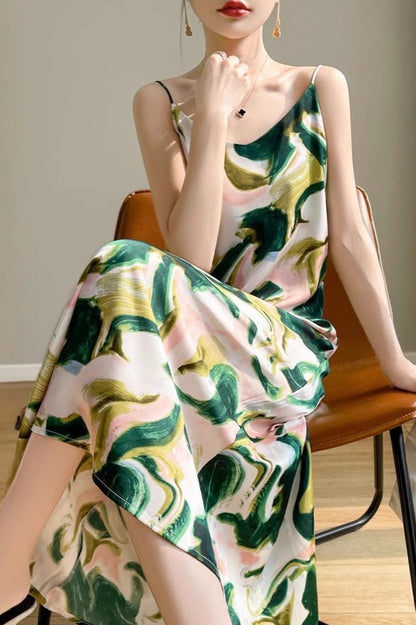 Printed V-Neck Satin Cami Maxi Silk Dress