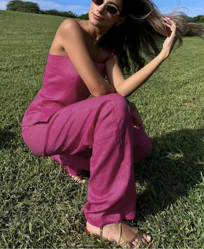 Pink Cotton Wide Leg Pant Suit