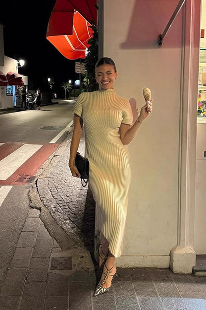 Solid Ribbed Pleated Slit Slim Sexy Elegant Sweater Dress